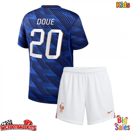 France Desire Doue #20 Replica Home Stadium Kit for Kids World Cup 2026 Short Sleeve (+ pants)